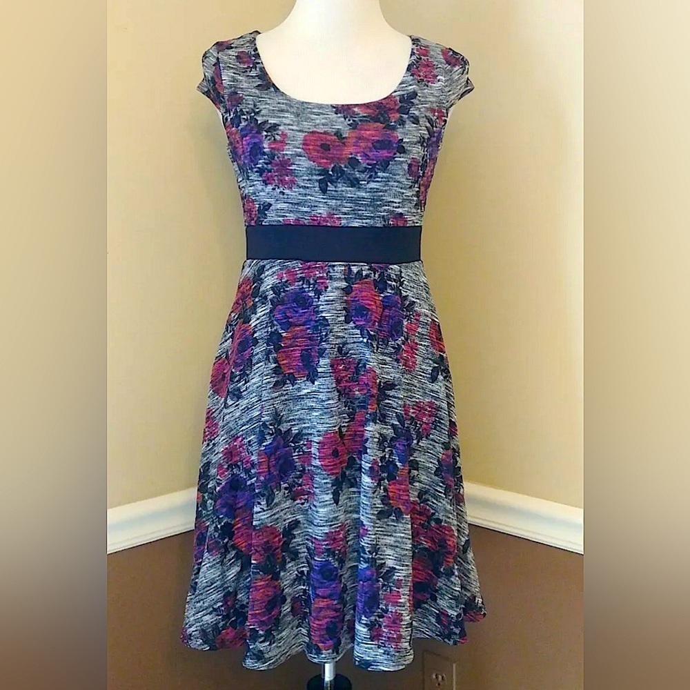 Floral Roses Dress Heather Gray A Line Mod Coquette Yellow Star Size Small